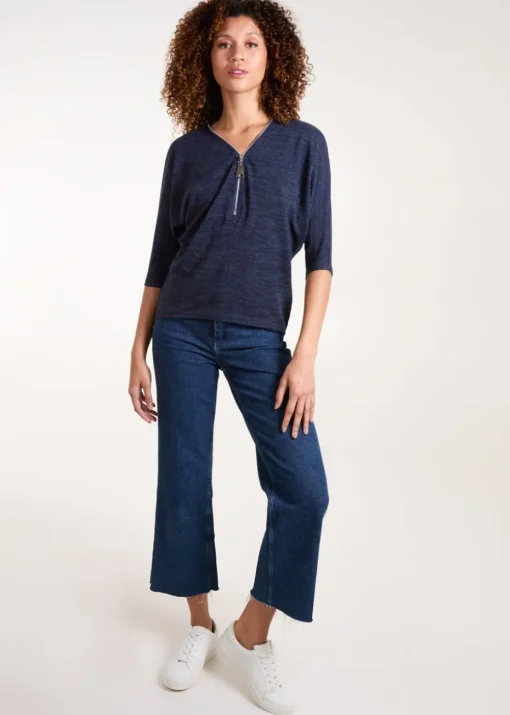 Blue Vanilla Navy Metallic Zip Front Top