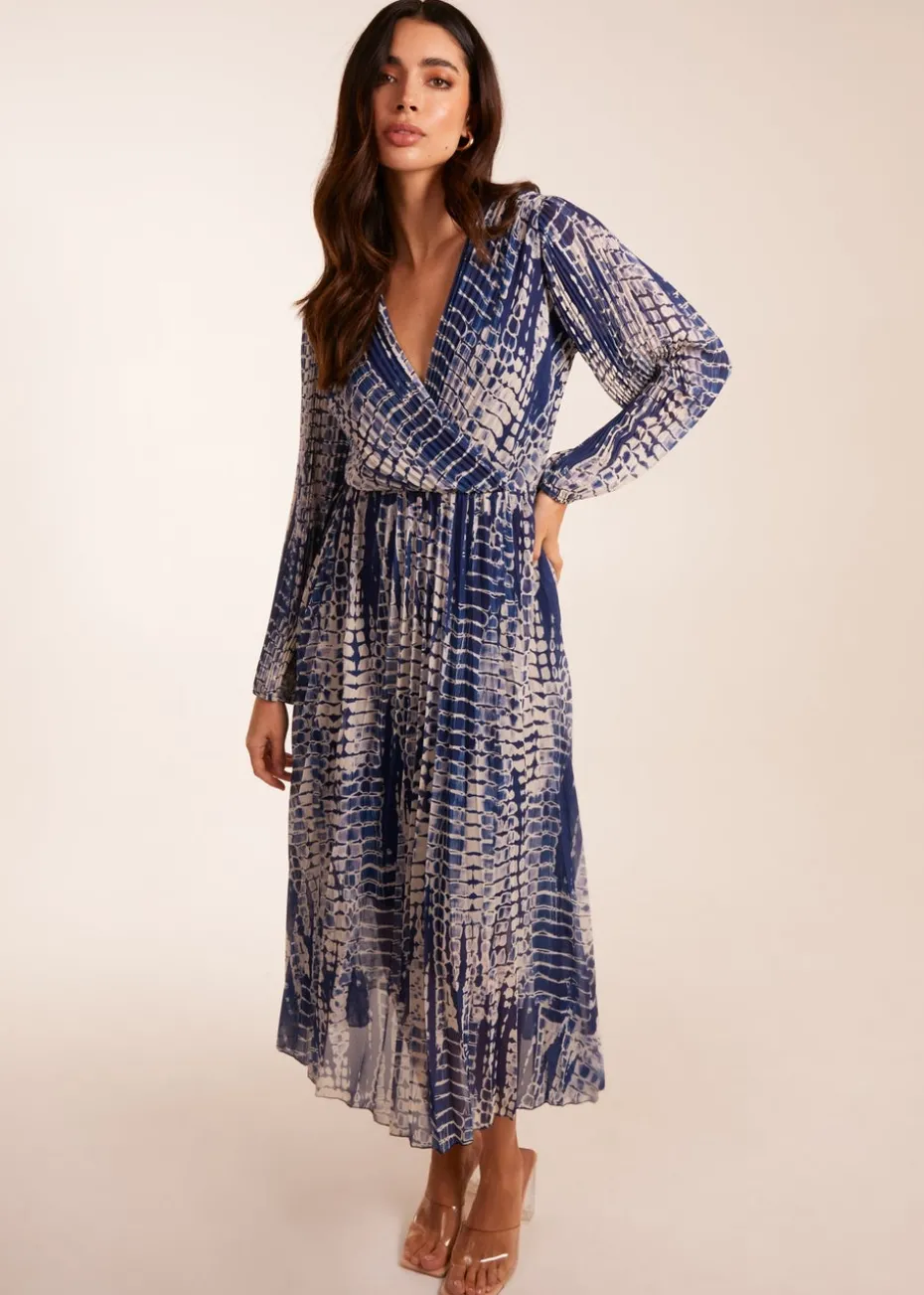 Blue Vanilla Navy Pleated Abstract Snake Print Wrap Dress