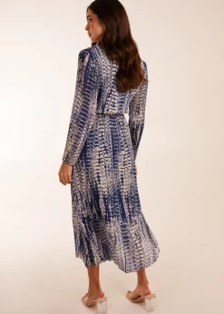 Blue Vanilla Navy Pleated Abstract Snake Print Wrap Dress