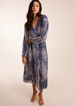 Blue Vanilla Navy Pleated Abstract Snake Print Wrap Dress