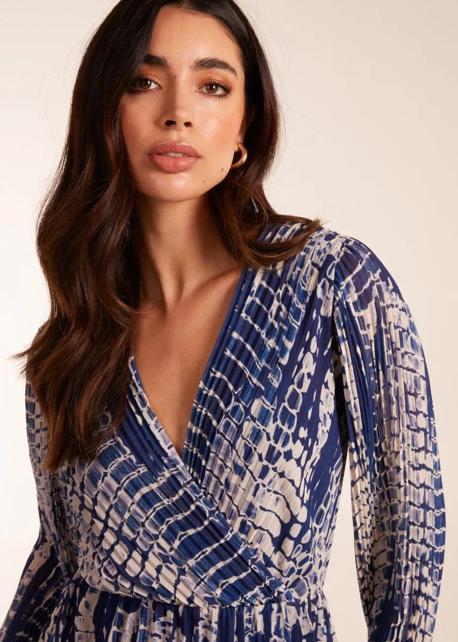 Blue Vanilla Navy Pleated Abstract Snake Print Wrap Dress