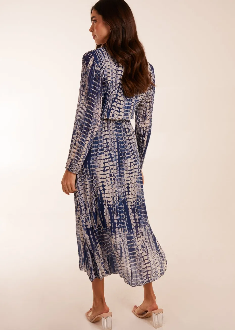 Blue Vanilla Navy Pleated Abstract Snake Print Wrap Dress