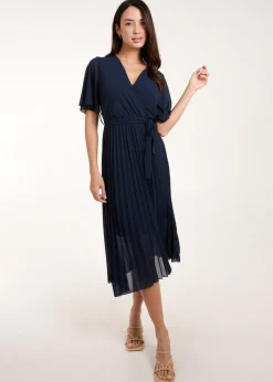 Blue Vanilla Navy Pleated Wrap Over Belted Dress