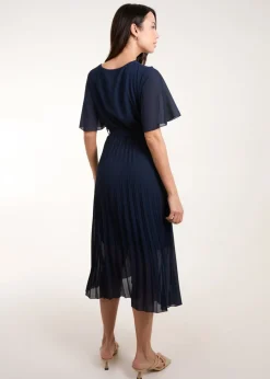 Blue Vanilla Navy Pleated Wrap Over Belted Dress