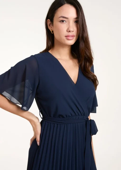 Blue Vanilla Navy Pleated Wrap Over Belted Dress