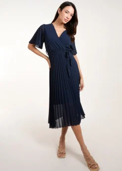 Blue Vanilla Navy Pleated Wrap Over Belted Dress