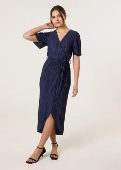 Blue Vanilla Navy Plisse Wrap Over Midi Dress