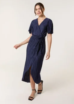 Blue Vanilla Navy Plisse Wrap Over Midi Dress