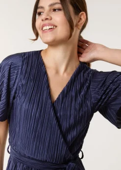 Blue Vanilla Navy Plisse Wrap Over Midi Dress