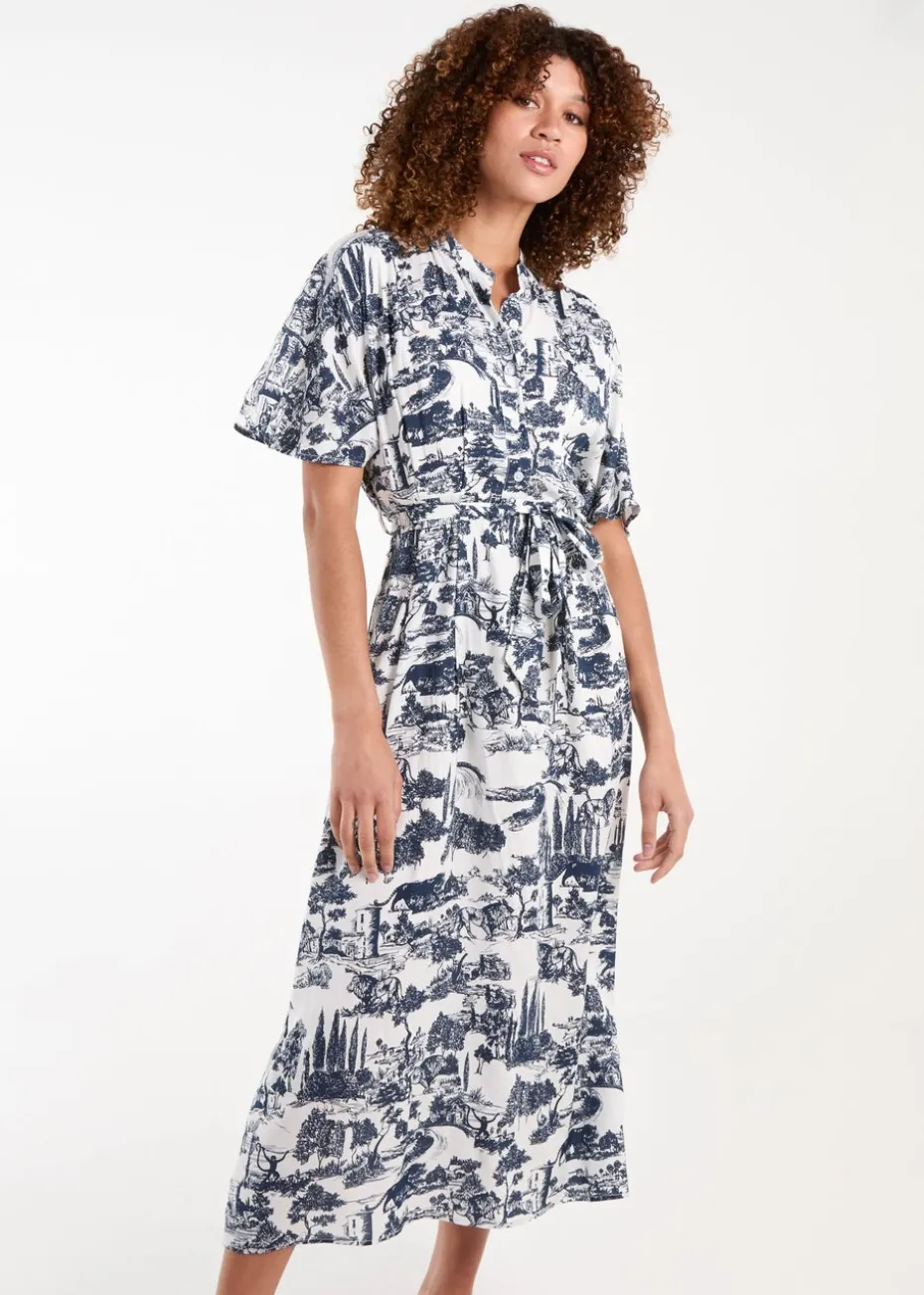 Blue Vanilla Navy Porcelain Printed Belted Shirt Dress