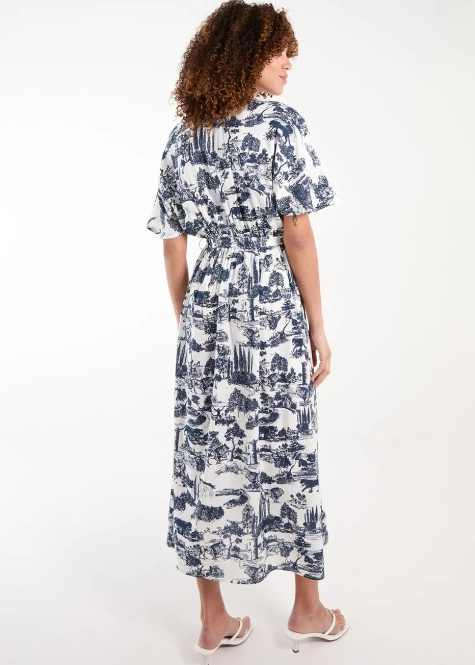 Blue Vanilla Navy Porcelain Printed Belted Shirt Dress