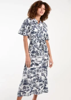 Blue Vanilla Navy Porcelain Printed Belted Shirt Dress