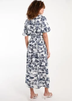 Blue Vanilla Navy Porcelain Printed Belted Shirt Dress