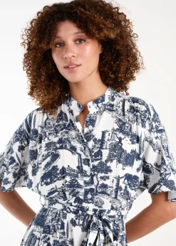 Blue Vanilla Navy Porcelain Printed Belted Shirt Dress