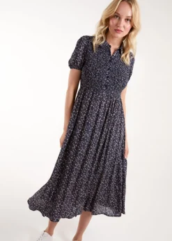 Blue Vanilla Navy Puff Sleeve Shirred Midi Shirt Dress