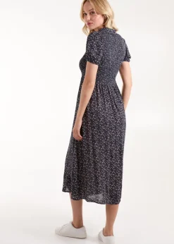 Blue Vanilla Navy Puff Sleeve Shirred Midi Shirt Dress