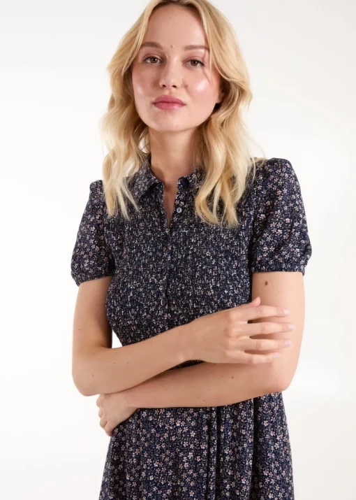 Blue Vanilla Navy Puff Sleeve Shirred Midi Shirt Dress
