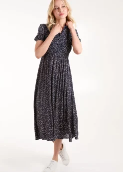 Blue Vanilla Navy Puff Sleeve Shirred Midi Shirt Dress