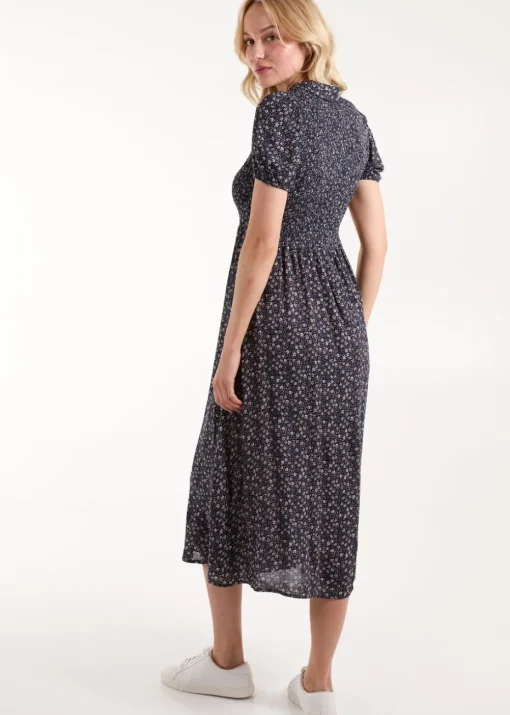 Blue Vanilla Navy Puff Sleeve Shirred Midi Shirt Dress