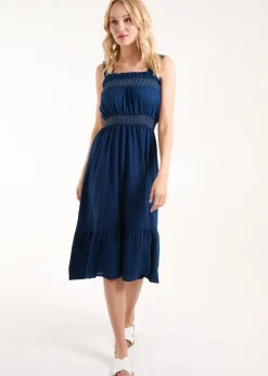 Blue Vanilla Navy Shirred Detail Midi Dress