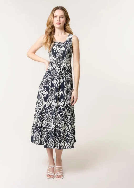 Blue Vanilla Navy Shirred Sleeveless Midi Dress