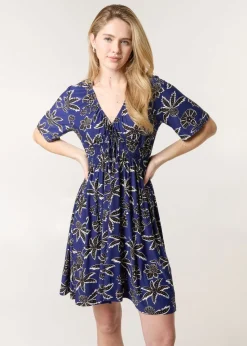 Blue Vanilla Navy Shirred Waist Beaded V Neck Mini Dress