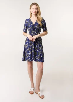 Blue Vanilla Navy Shirred Waist Beaded V Neck Mini Dress
