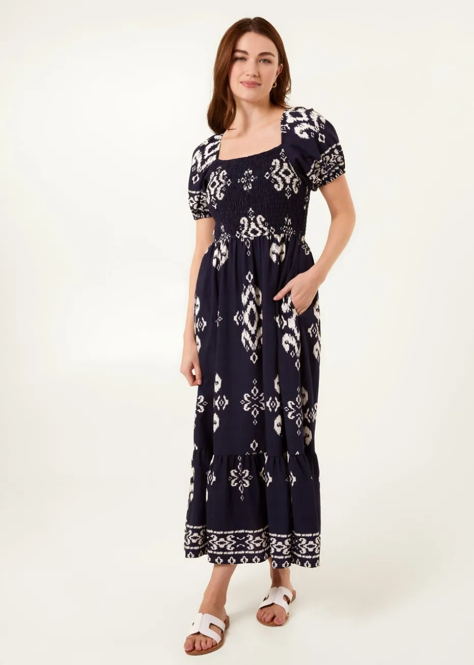 Blue Vanilla Navy Square Neck Shirred Waist Puff Sleeve Midi Dress