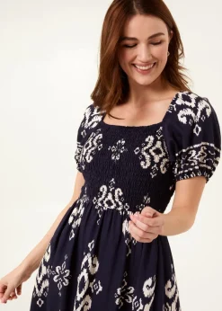 Blue Vanilla Navy Square Neck Shirred Waist Puff Sleeve Midi Dress