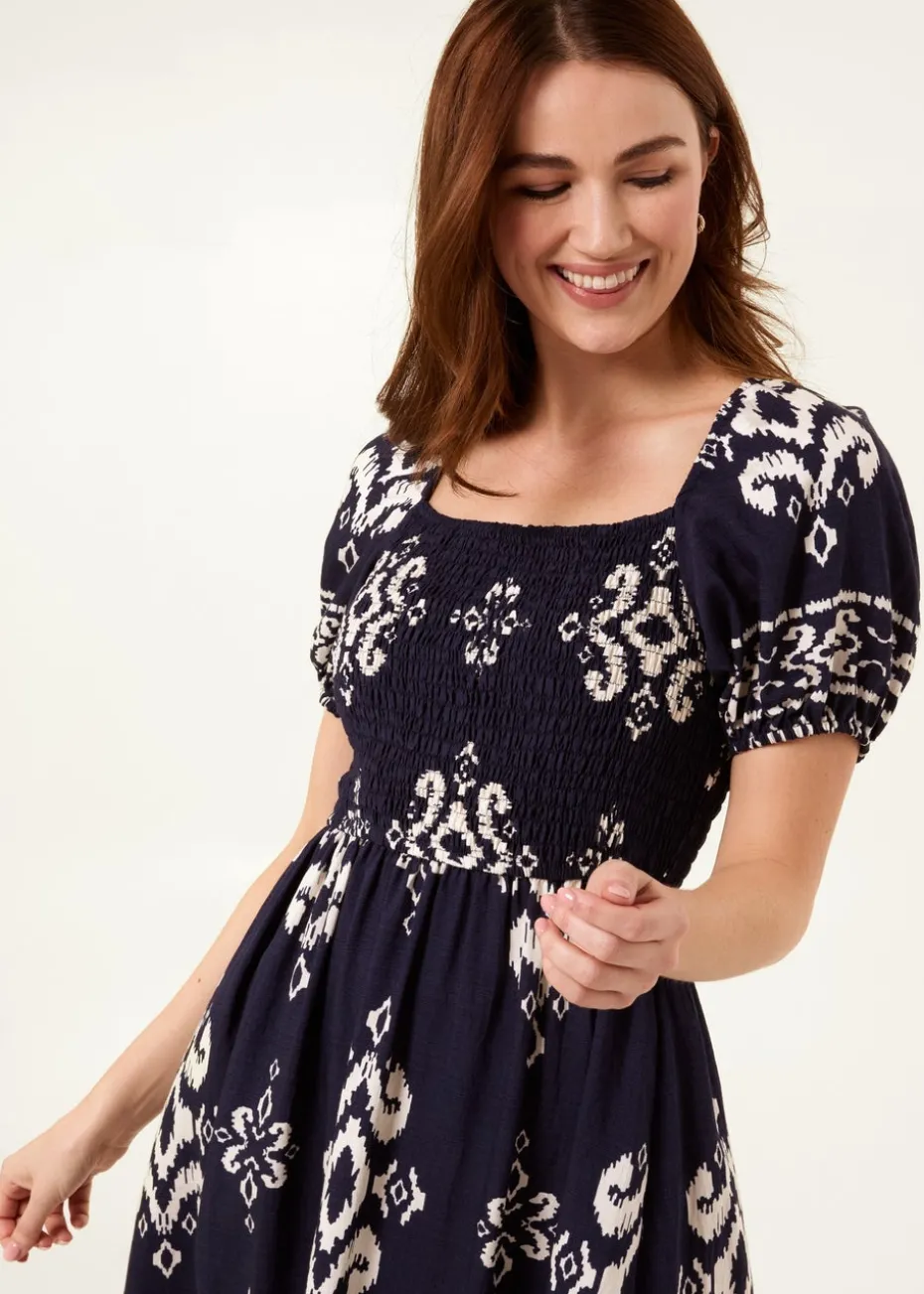 Blue Vanilla Navy Square Neck Shirred Waist Puff Sleeve Midi Dress