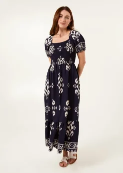 Blue Vanilla Navy Square Neck Shirred Waist Puff Sleeve Midi Dress