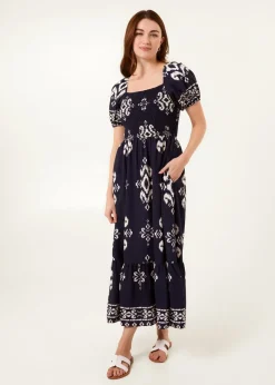 Blue Vanilla Navy Square Neck Shirred Waist Puff Sleeve Midi Dress