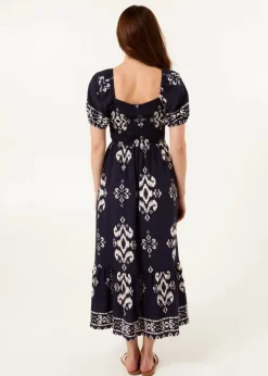 Blue Vanilla Navy Square Neck Shirred Waist Puff Sleeve Midi Dress