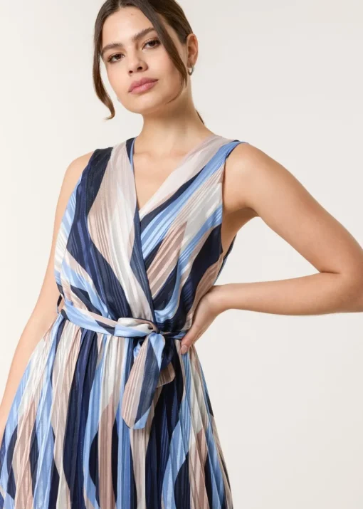 Blue Vanilla Navy Squiggle Print Sleeveless Wrap Pleat Dress