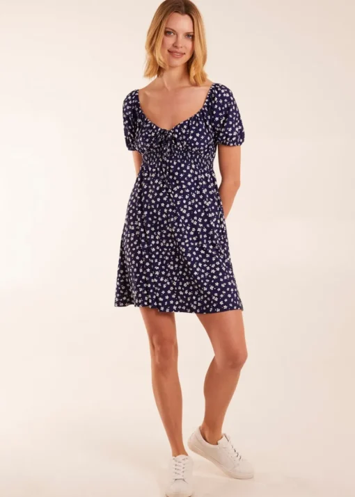 Blue Vanilla Navy Sweet Heart Neck Floral Mini Dress