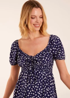 Blue Vanilla Navy Sweet Heart Neck Floral Mini Dress
