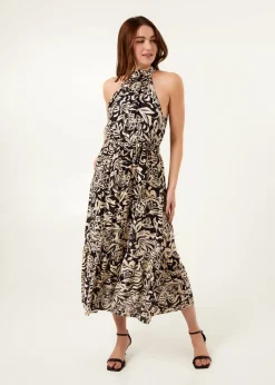 Blue Vanilla Navy Tropical Print Halter Neck Belted Waist Midi Dress