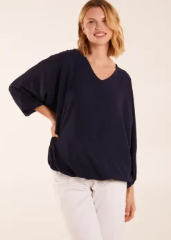 Blue Vanilla Navy V Neck Puff Sleeve Blouse