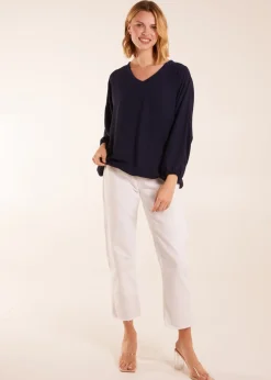 Blue Vanilla Navy V Neck Puff Sleeve Blouse