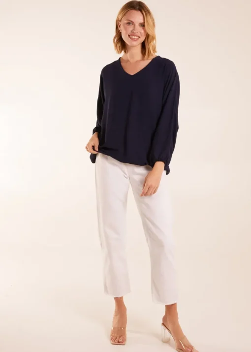 Blue Vanilla Navy V Neck Puff Sleeve Blouse