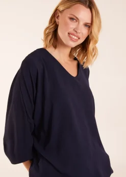 Blue Vanilla Navy V Neck Puff Sleeve Blouse
