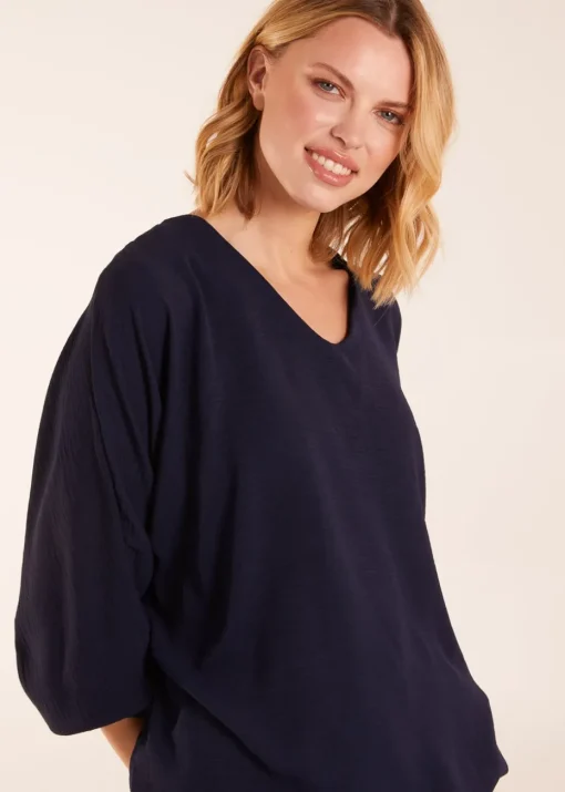 Blue Vanilla Navy V Neck Puff Sleeve Blouse