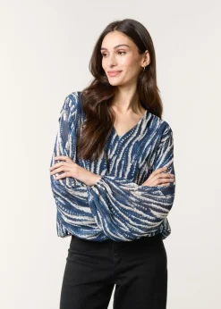 Blue Vanilla Navy V Neck Wavy Print Bubble Hem Top