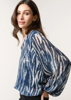 Blue Vanilla Navy V Neck Wavy Print Bubble Hem Top