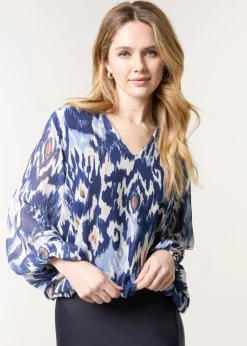 Blue Vanilla Navy V Neck Water Colour Print Blouse