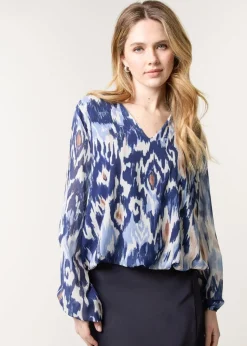 Blue Vanilla Navy V Neck Water Colour Print Blouse
