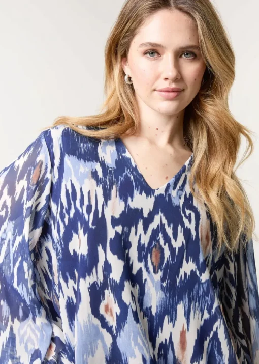 Blue Vanilla Navy V Neck Water Colour Print Blouse