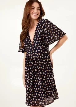Blue Vanilla Navy V Neck Tie Back Flower Printed Mini Dress