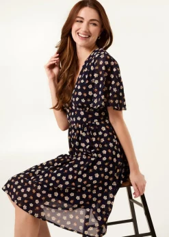 Blue Vanilla Navy V Neck Tie Back Flower Printed Mini Dress
