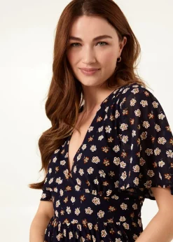 Blue Vanilla Navy V Neck Tie Back Flower Printed Mini Dress
